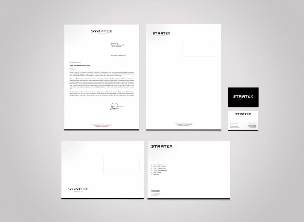 Conception de la Brand Strategy System de la société Stratex, Identité graphique logo papeterie réalisée par ivimédia